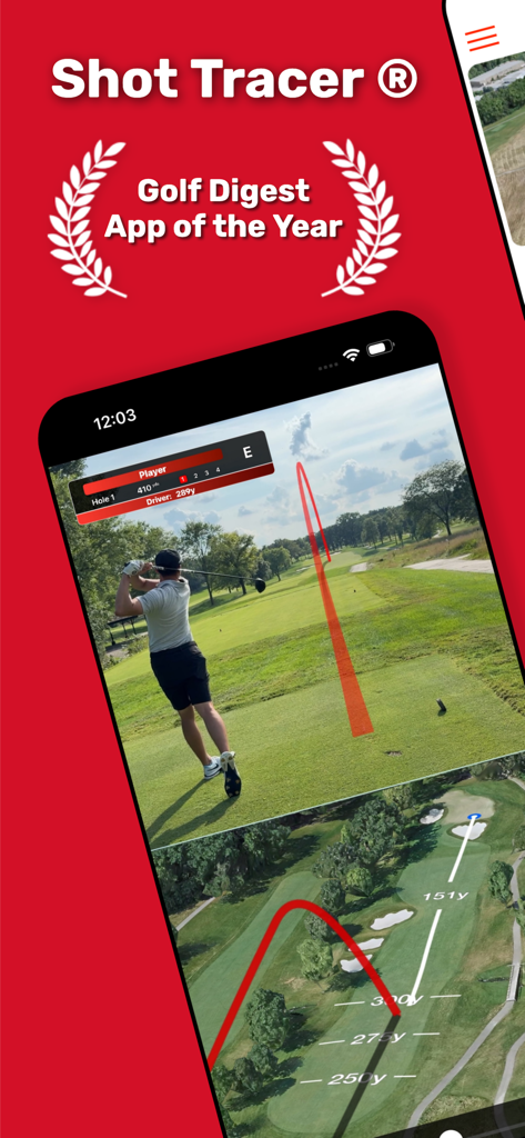 Shot Tracer golf app interface showing a red ball flight trail and a 3D course flyover with distance markers.