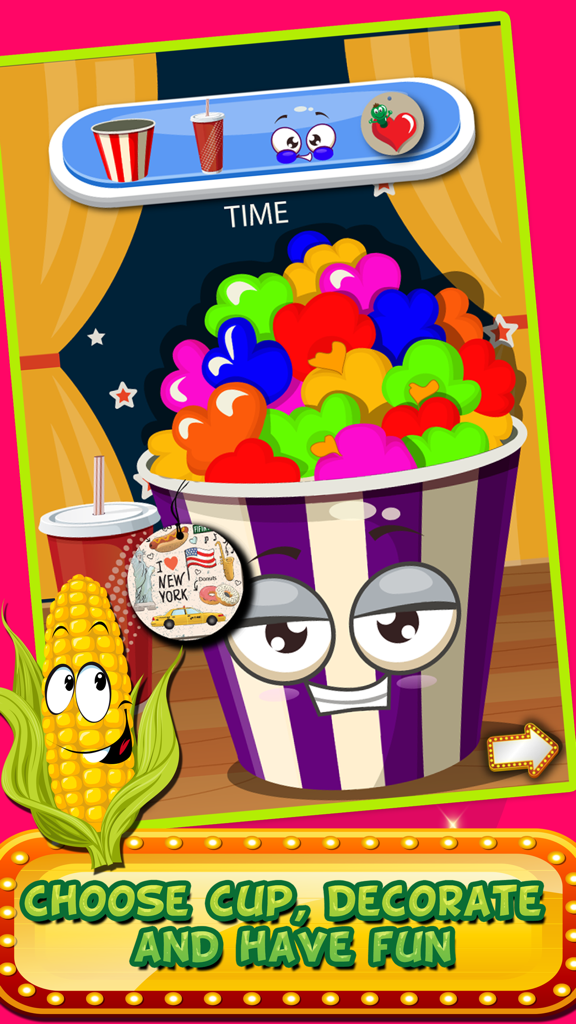 Popcorn Maker-Kids Girls free cooking fun game - A colorful bucket filled with heart shaped popcorn decorated with a cartoon face in a kids cooking game