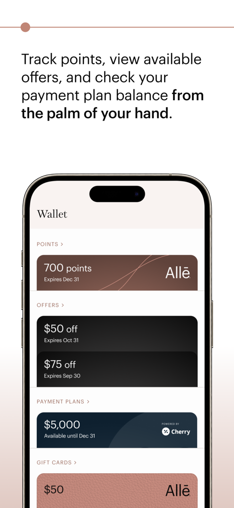 A smartphone display showing the Alle app wallet with points balance available offers and payment plan details