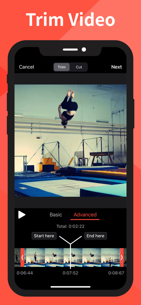 Slow-Fast Motion Video Editor - Interface of the Slow-Fast Motion Video Editor app showing a gymnast in mid-air on the trim video screen.