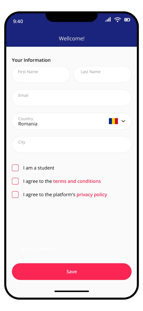 User information registration screen for the CV30 app showing form fields for name email and location with a save button