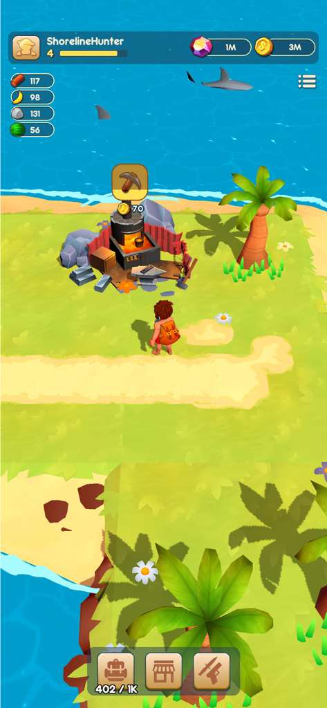 Raft® Survival Adventure Quest - Captura de pantalla de la jugabilidad de un personaje en una isla tropical cerca de una forja de recursos en Raft Survival Adventure Quest.