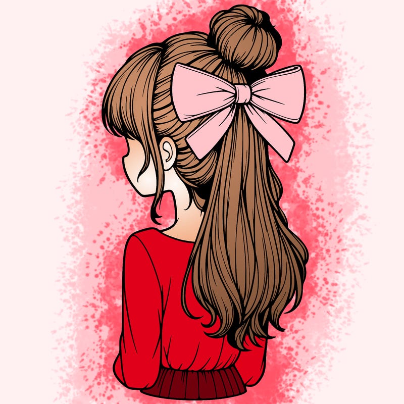 realistic girl  with hip length hair a bun and a big bow on the back of head