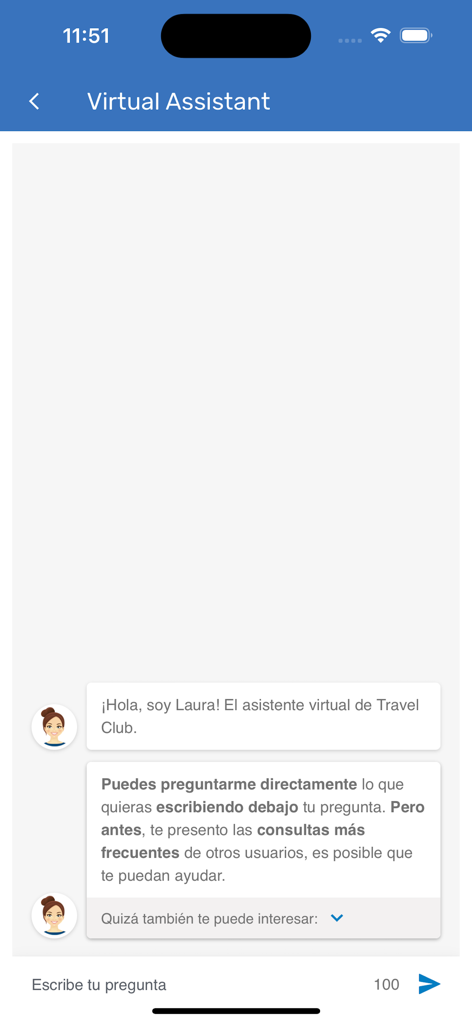 Interfaz de asistente virtual en la app móvil Travel Club