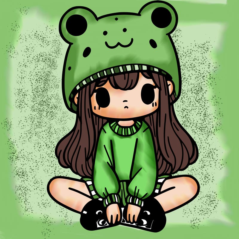 a girl wearing a frog hat and some frog socks