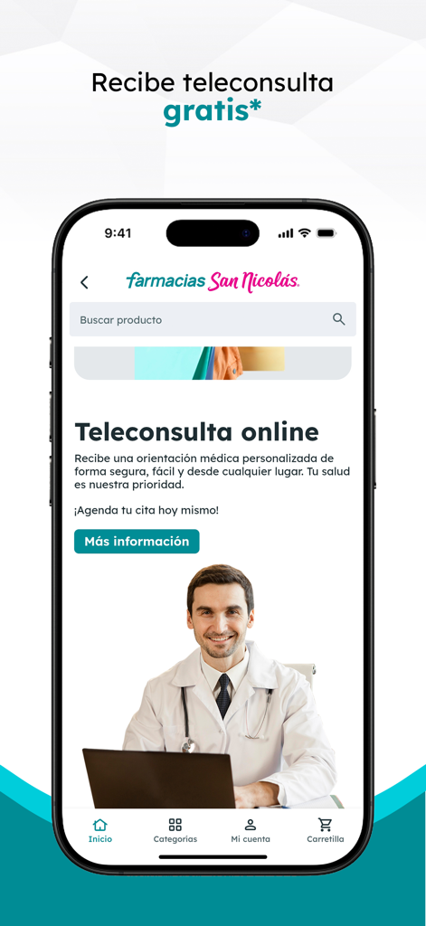 Benutzeroberfläche der Farmacias San Nicolas App, die einen kostenlosen Online-Telekonsultationsdienst für medizinische Angelegenheiten zeigt