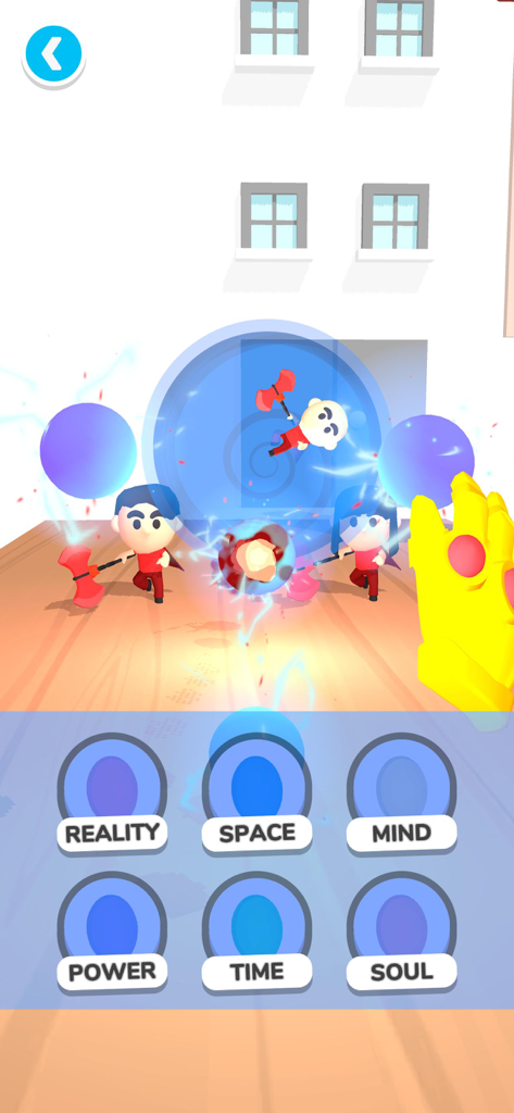 Uma captura de tela do jogo mobile Gold Hand mostrando uma luva de poder dourada com habilidades como Espaço e Tempo para lutar contra inimigos.