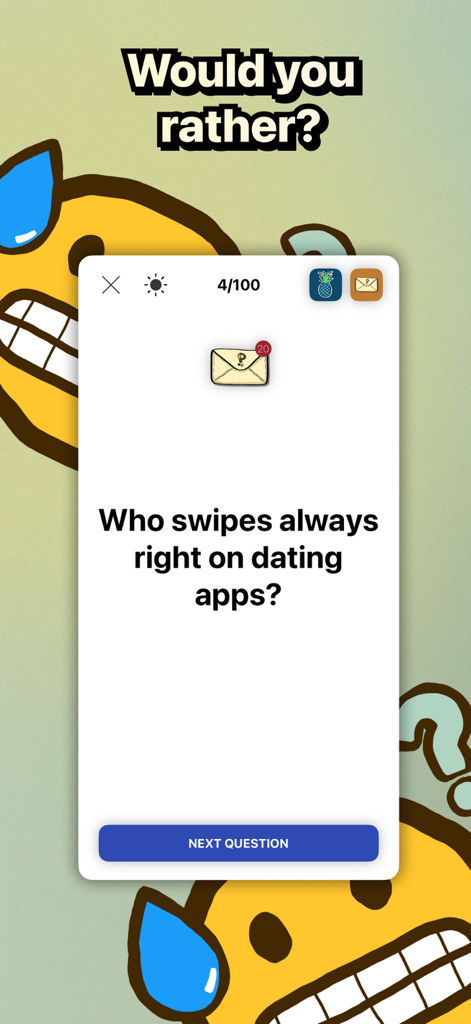 100 Questions • Party Exposed - A party game question from 100 Questions asking who always swipes right on dating apps.