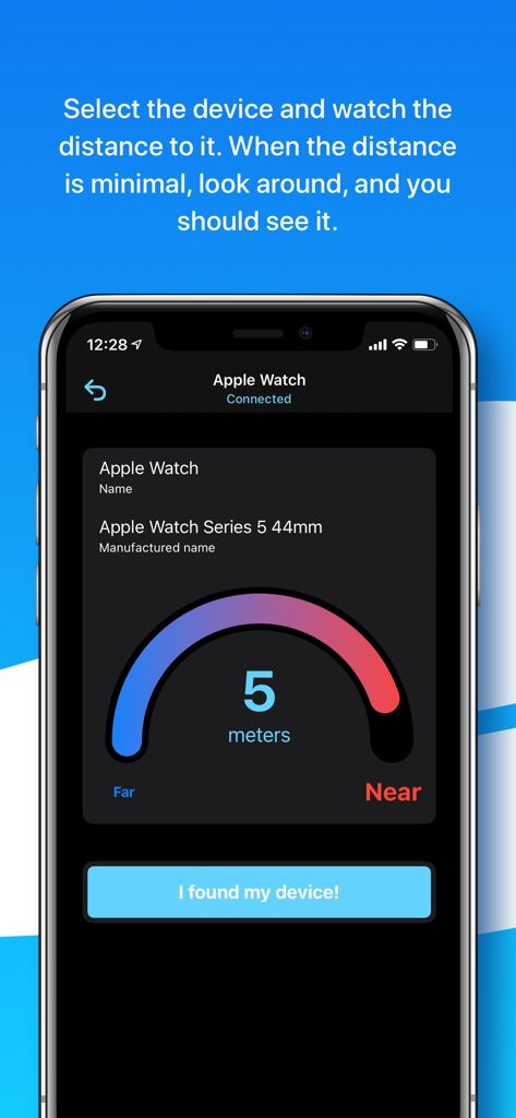 Find Device - bluetooth finder - Una interfaz de sensor de distancia que muestra cinco metros a un Apple Watch conectado