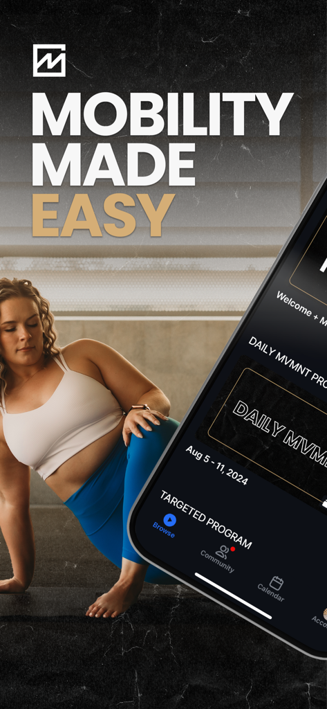 Mobility MVMNT - A woman performing a mobility stretch with the Mobility MVMNT app interface displayed on a phone.