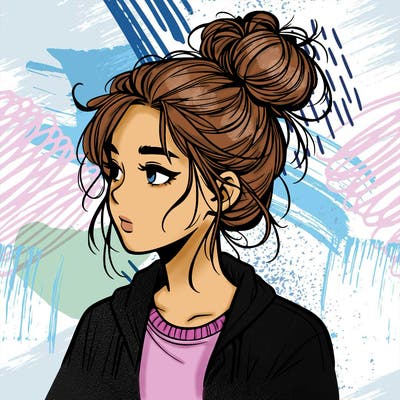 realistic teenage girl with a messy bun
