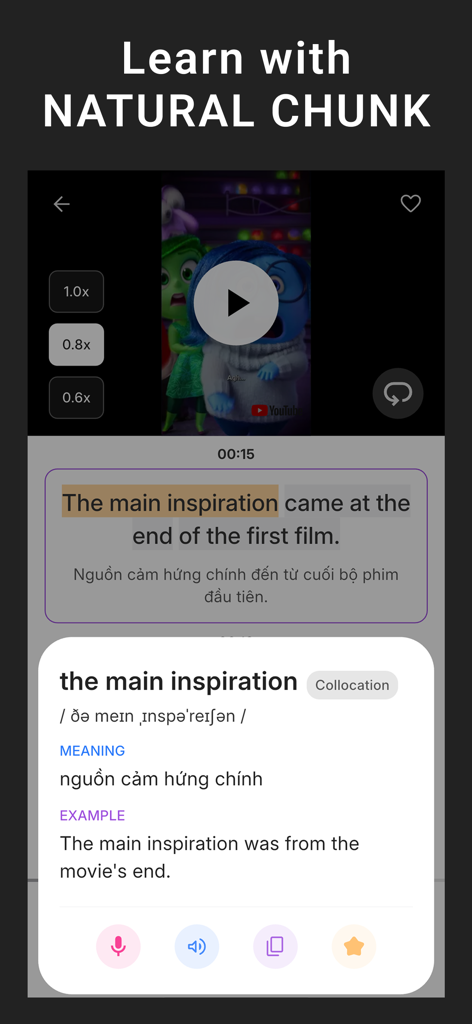 Lang Shadow: English Shadowing - English shadowing app interface showing natural chunk learning with video subtitles and collocation definition