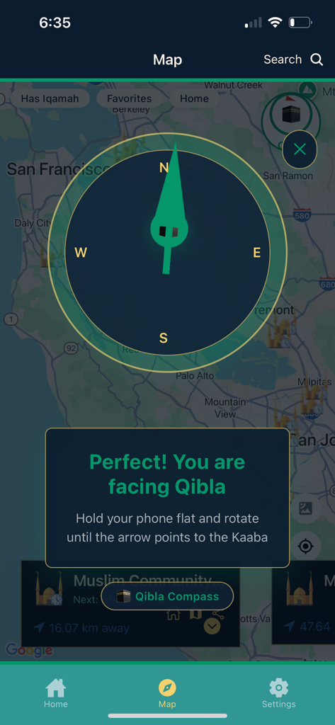 Iqamah - The Qibla compass feature of the Iqamah app showing the direction of prayer over a map of San Francisco