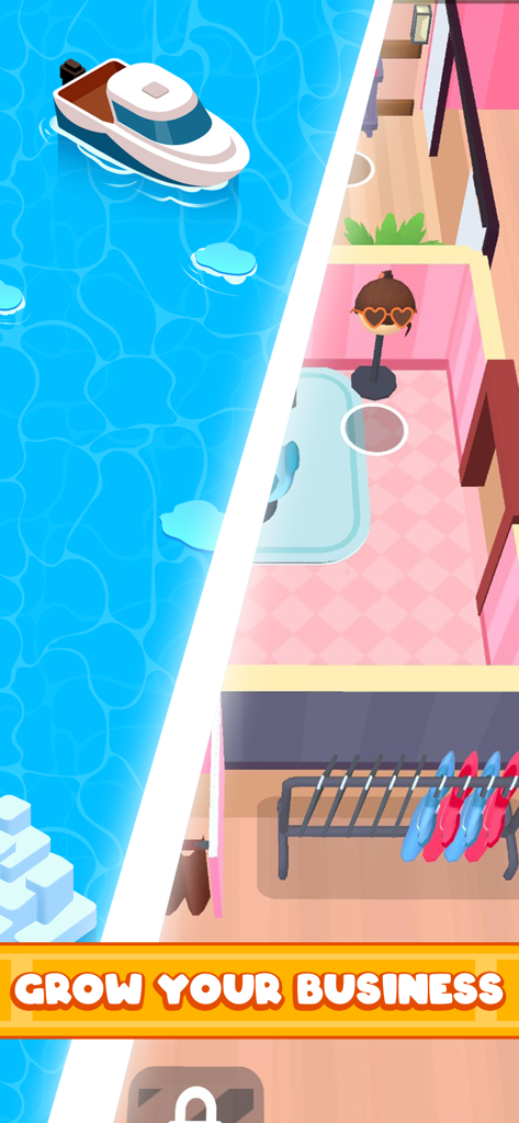 Top-down gameplay view of a coastal spa expansion with a boat and a boutique room in Spa Empire