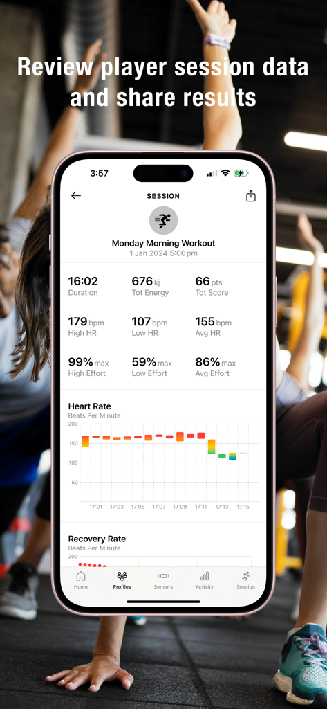 Squad HR - Riepilogo dettagliato della sessione di allenamento nell'app Squad HR che mostra la frequenza cardiaca e il dispendio energetico