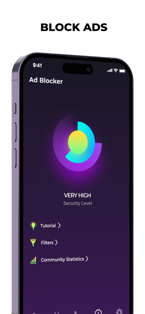Louna System - VPN & Cleaner - 매우 높은 보안 수준 보호 기능을 보여주는 Louna System 광고 차단기 인터페이스 스크린샷