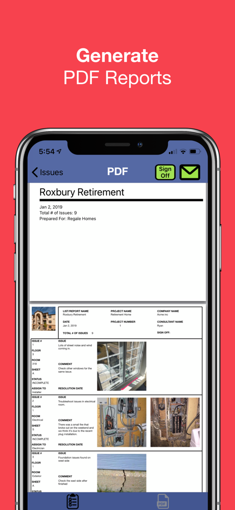 Punch List & Site Audit Report - A smartphone displaying a professional site audit PDF report with project details and photos of construction issues