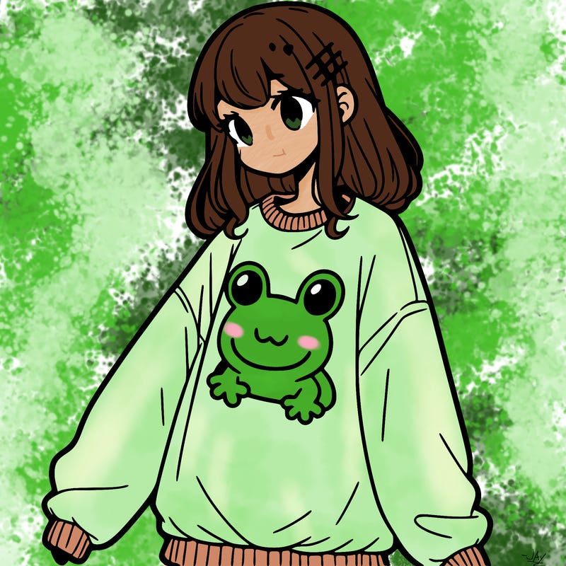 girl wearing frogging sweatshirt