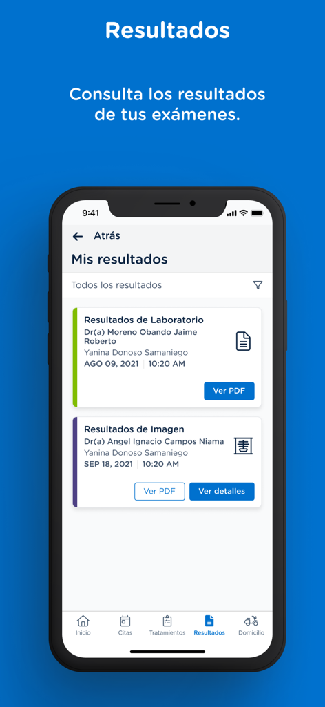 Mi Veris - Interfaz móvil de la aplicación Mi Veris que muestra resultados de laboratorio e imágenes con opciones de descarga de PDF