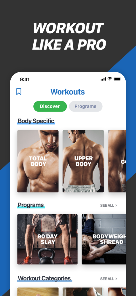 Interface of the Fitness Buddy app showing categories for total body and upper body workouts alongside specialized training programs