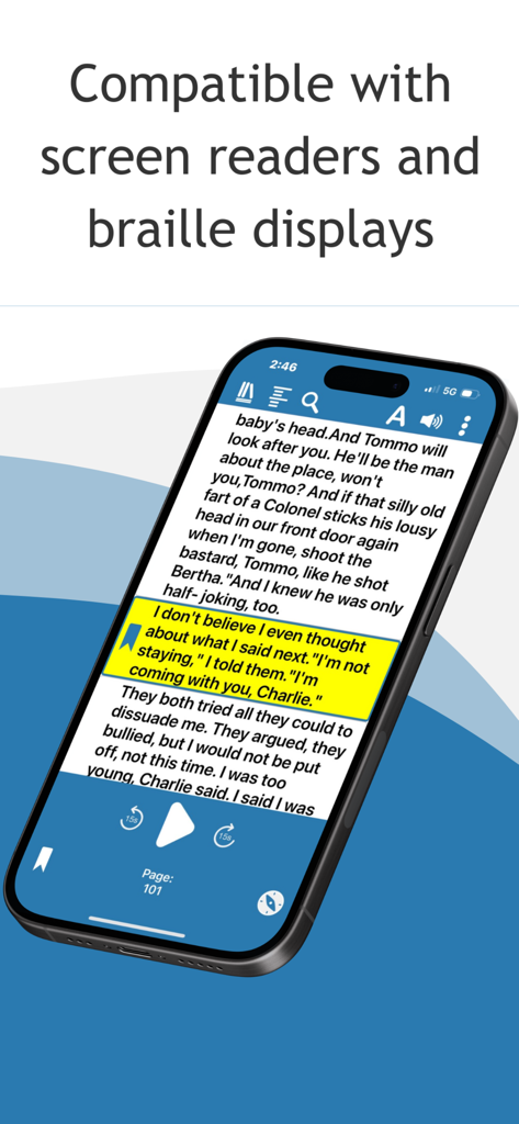 Smartphone displaying the Dolphin EasyReader app with text highlighting and accessibility support text