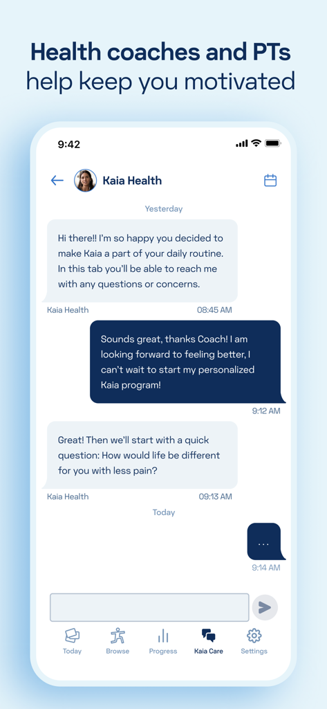 Kaia Health - Interface of Kaia Health app showing a chat conversation between a user and a health coach