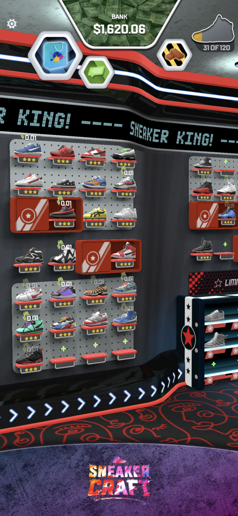 Sneaker Craft - DIY Shoe Art - A virtual store shelf displaying a variety of custom sneaker designs in the Sneaker Craft game