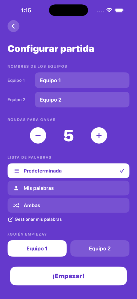 Adivina Pe - Spielkonfigurationsbildschirm der Adivina Pe App mit Teamnamen und Runden-Einstellungen auf violettem Hintergrund.