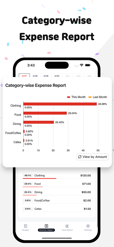 MoneyLog: Budget & Expense - Un informe de gastos por categoría en la aplicación MoneyLog que muestra un desglose de gastos mensual con un gráfico de barras.