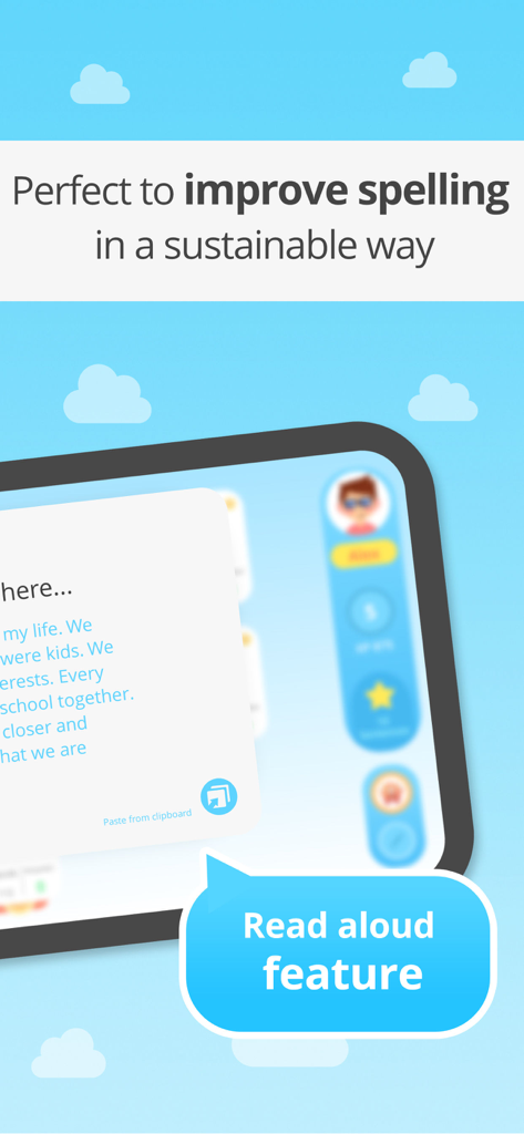 Screenshot dell'app di ortografia EASY peasy che evidenzia la sua funzione intelligente di lettura ad alta voce per i bambini