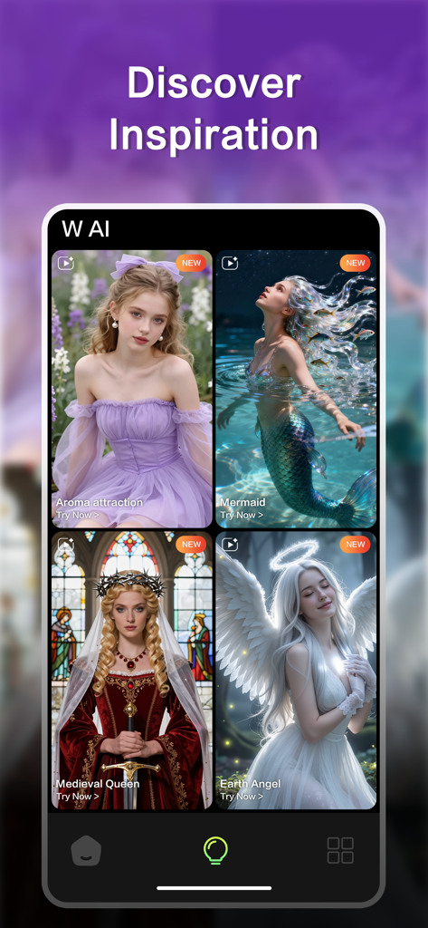 AI Wao: AI Video Generator - Interfaz de la aplicación AI Wao mostrando una galería de inspiración con plantillas de personajes generadas por IA como Sirena y Reina Medieval