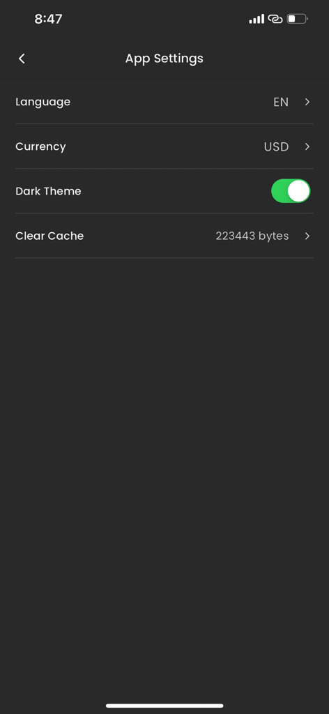 Online Gaming Marketplace - App settings screen showing preferences for language currency and dark mode