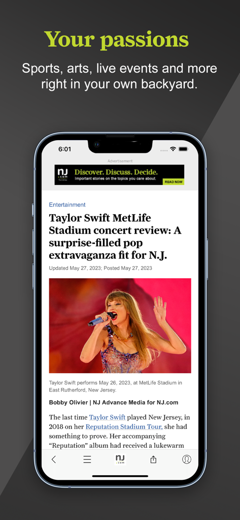 NJ.com - NJ.com mobile app displaying a news article about a Taylor Swift concert review at MetLife Stadium