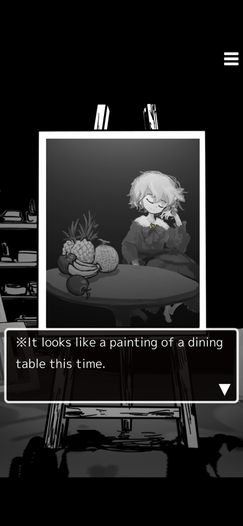 Death Palette - Matsuro - A monochrome sketch of a girl sitting at a dining table with fruit on an easel in Death Palette Matsuro