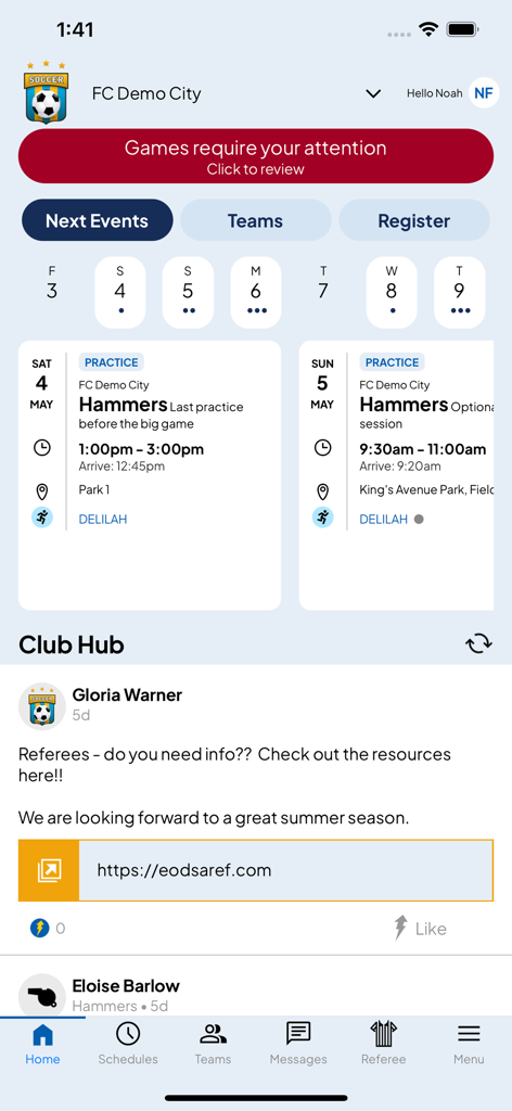 PowerUp Connect - PowerUp Connect app home screen showing a sports team practice schedule and club hub announcements