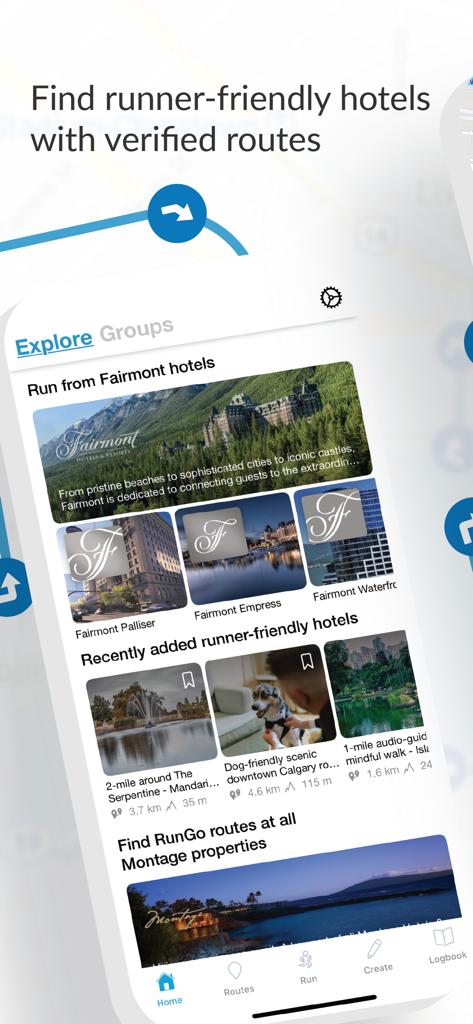RunGo - The Best Routes to Run - RunGo app interface featuring verified running routes and partner hotels for traveling runners