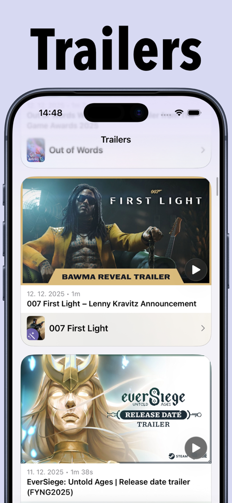 GamingBuddy: Game Tracker - GamingBuddy app displaying video trailers for upcoming video games.