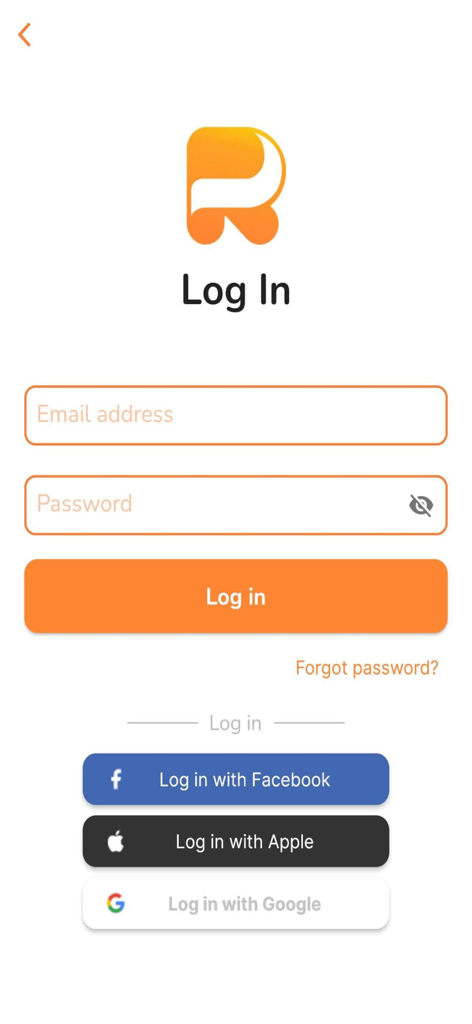 RAIO App - RAIO app login screen with email and social sign in options