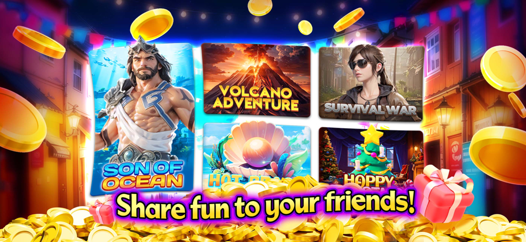 Jackpot Slots:Free Casino Game - Jackpot Slots app interface showing various game themes and a prompt to share the fun with friends