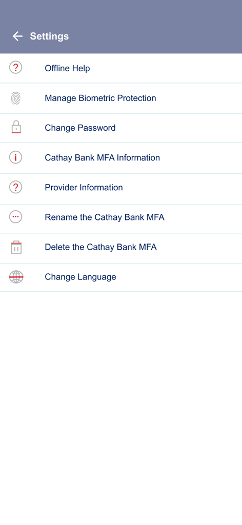 Cathay Bank Sec Code Generator - Settings screen of Cathay Bank Sec Code Generator app for MFA management