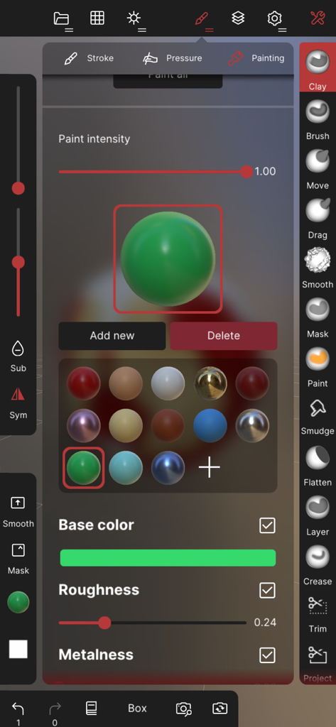 Interface of Nomad Sculpt app showing 3D material presets and painting settings