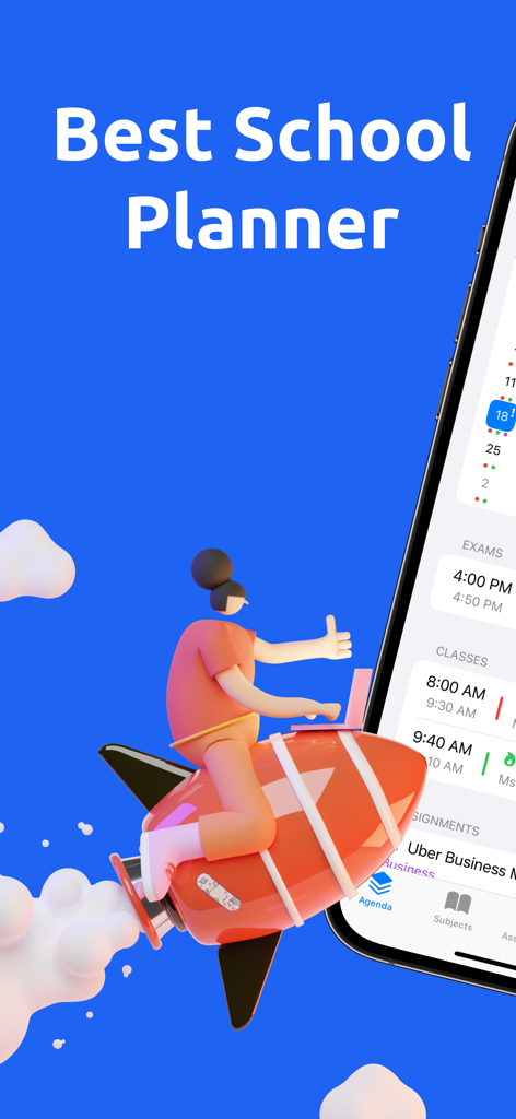 School Planner - Timetable - Intro screen of the School Planner app featuring a character on a rocket and a glimpse of the daily agenda interface.
