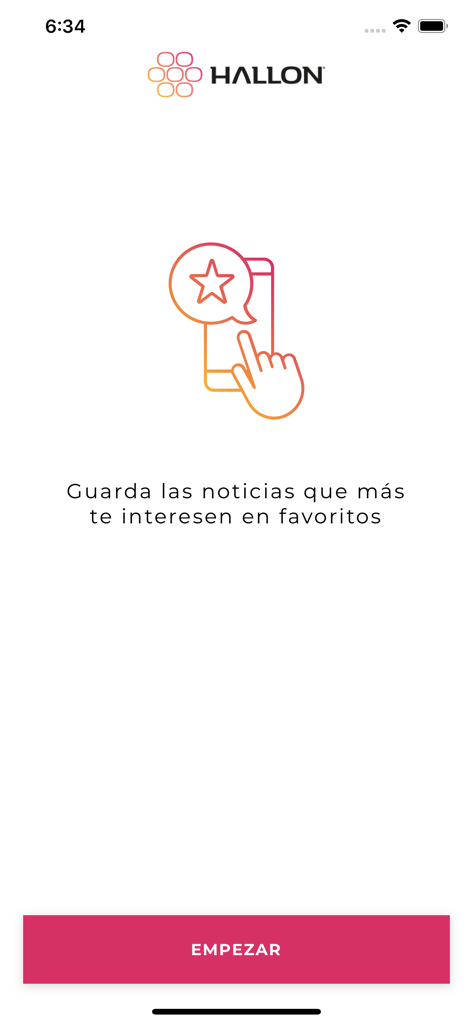 Pantalla de incorporación de la aplicación Hallon mostrando cómo guardar alertas de noticias y menciones de medios en favoritos.