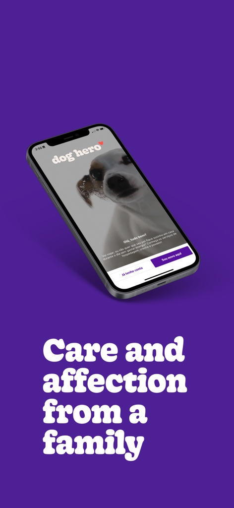 Teléfono inteligente mostrando la pantalla de inicio de la aplicación DogHero con una foto de perro y el eslogan Cuidado y afecto de una familia.