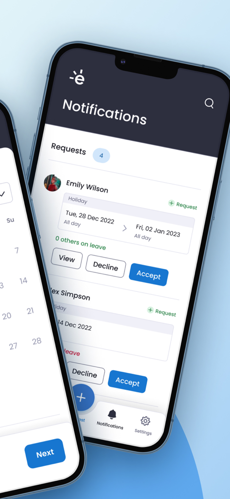 Interface of the edays app showing pending holiday requests from employees with options to accept or decline.