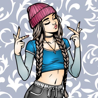 realistic teenage girl with braids and a beanie and crop top doing 🫶🏼