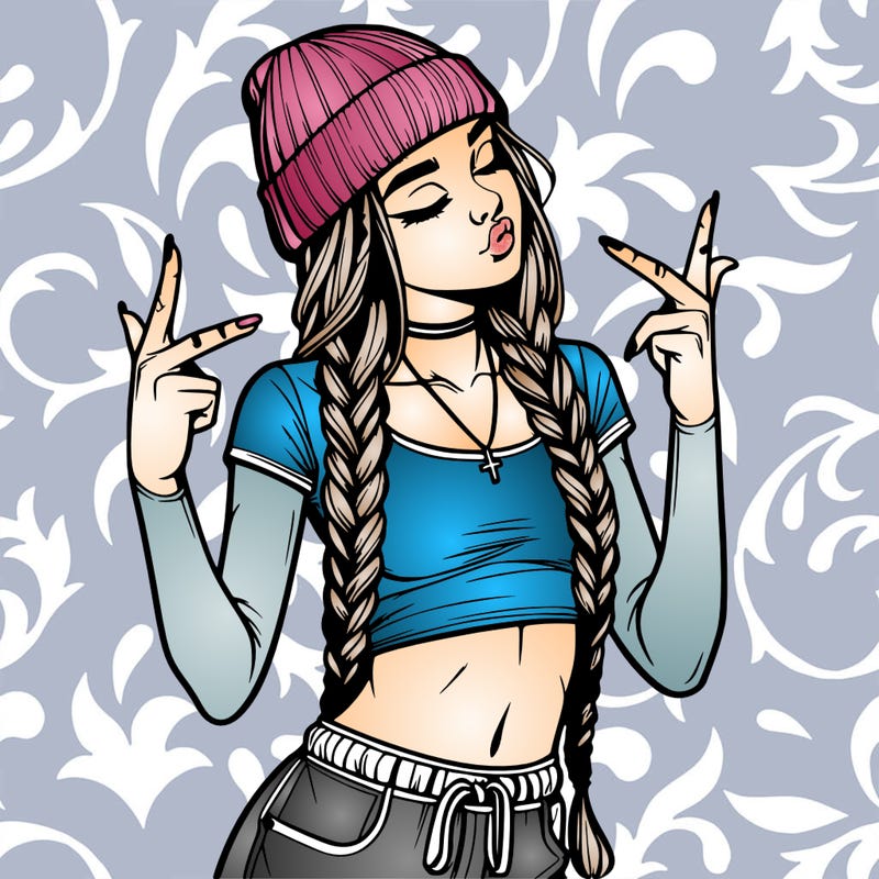 realistic teenage girl with braids and a beanie and crop top doing 🫶🏼