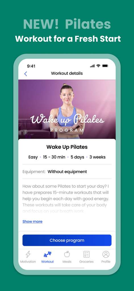 ML.Fitness Workout For Women - ML.Fitness app interface showing details for the Wake Up Pilates workout program including duration and equipment needed