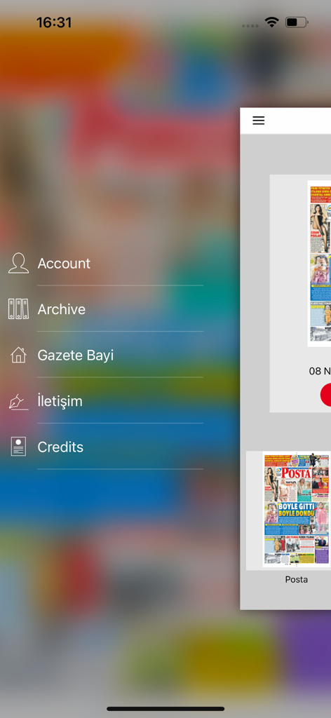 Posta eGazete - Posta eGazete mobile app navigation menu showing account archive and newsstand options