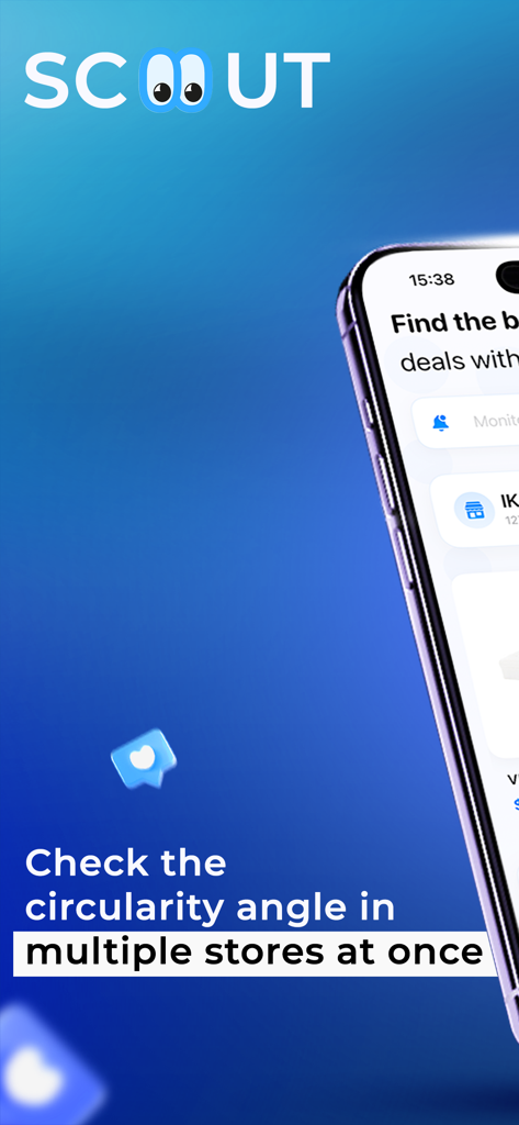 Scoout – Search IKEA products - Interfaz de la app Scoout que muestra cómo revisar el rincón de circularidad de IKEA en varias tiendas a la vez